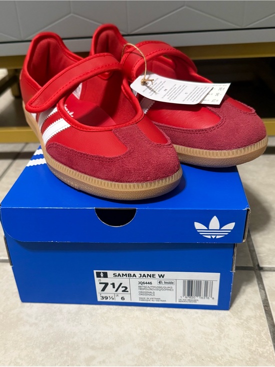 adidas Shoes - adidas Women’s Samba Jane Sneakers in Red with White Stripes